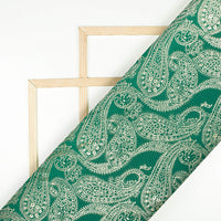 Green Paisley Pattern Golden Foil Print Butter Silk Satin Fabric (Width 56 Inches)