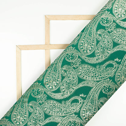 Green Paisley Pattern Golden Foil Print Butter Silk Satin Fabric (Width 56 Inches)