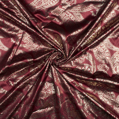 Maroon Paisley Pattern Golden Foil Print Butter Silk Satin Fabric (Width 56 Inches)