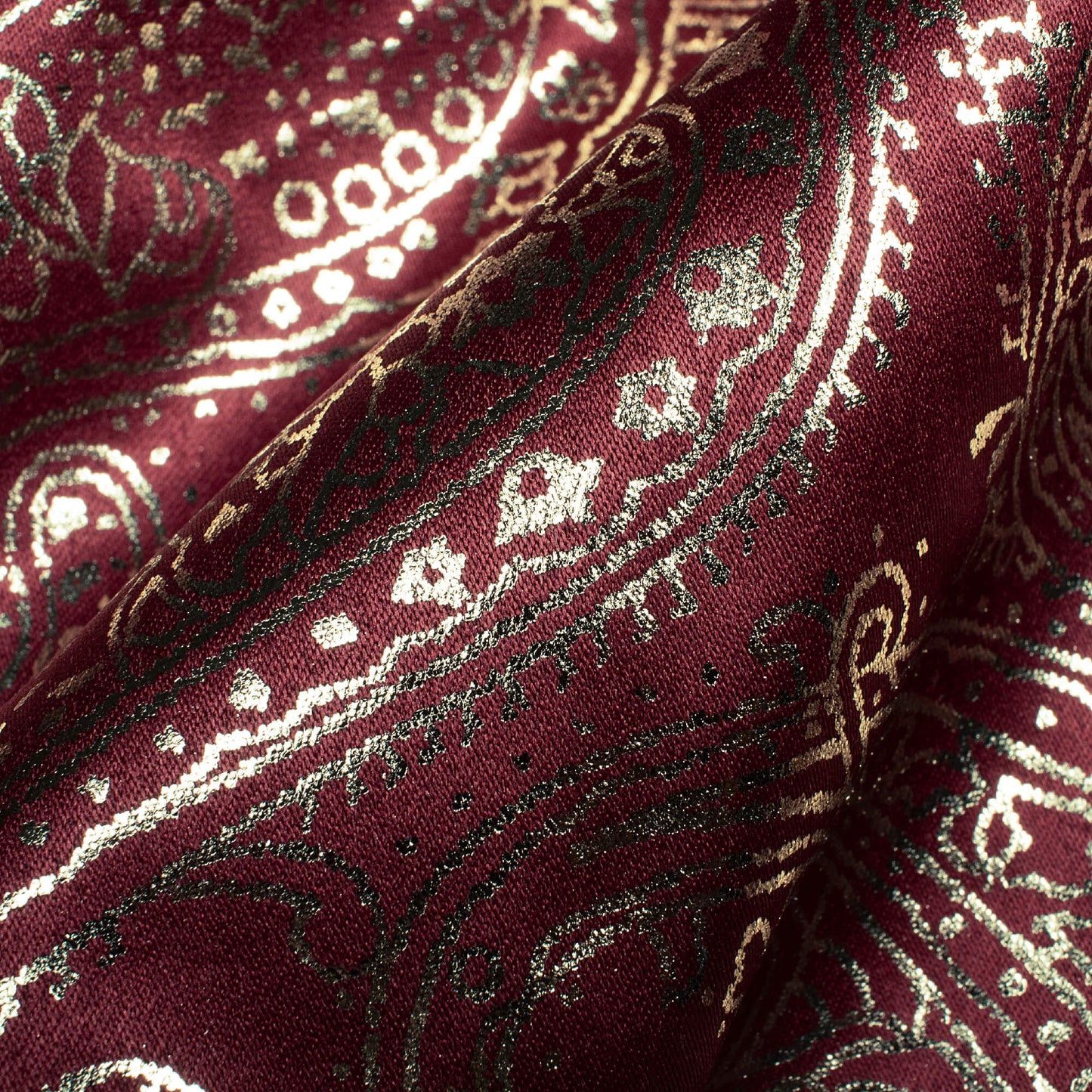 Maroon Paisley Pattern Golden Foil Print Butter Silk Satin Fabric (Width 56 Inches)