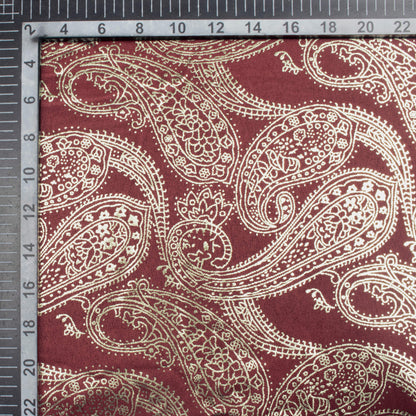Maroon Paisley Pattern Golden Foil Print Butter Silk Satin Fabric (Width 56 Inches)