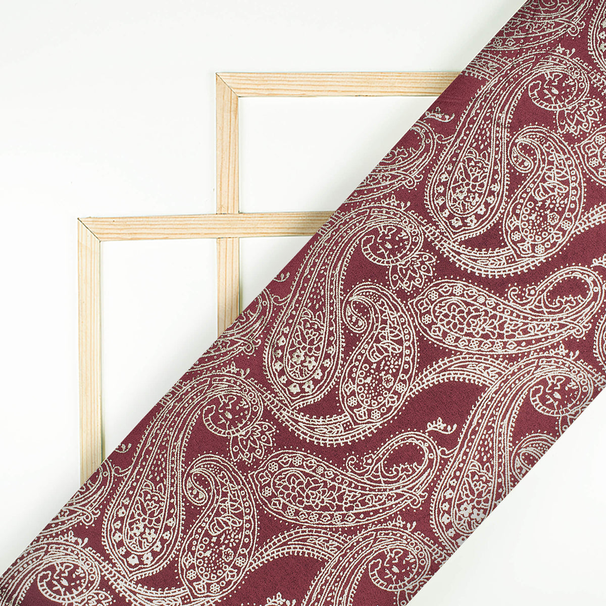 Maroon Paisley Pattern Golden Foil Print Butter Silk Satin Fabric (Width 56 Inches)