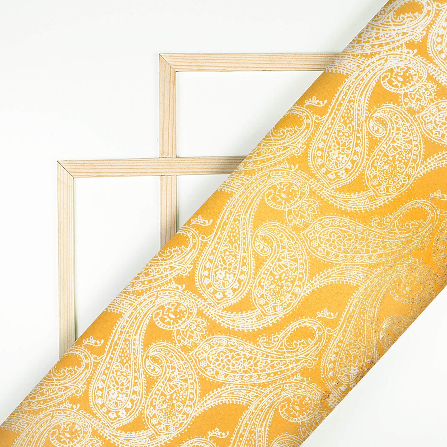 Mustard Yellow Paisley Pattern Golden Foil Print Butter Silk Satin Fabric (Width 56 Inches)