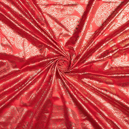 Chilli Red Paisley Pattern Golden Foil Print Butter Silk Satin Fabric (Width 56 Inches)