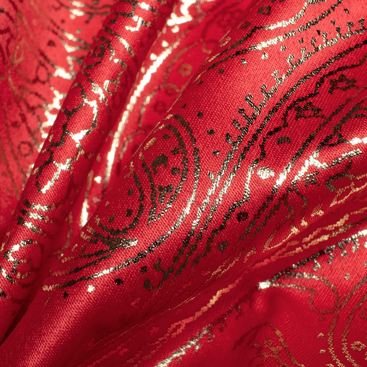 Chilli Red Paisley Pattern Golden Foil Print Butter Silk Satin Fabric (Width 56 Inches)