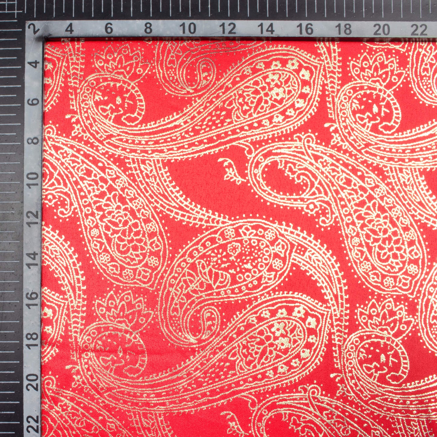 Chilli Red Paisley Pattern Golden Foil Print Butter Silk Satin Fabric (Width 56 Inches)