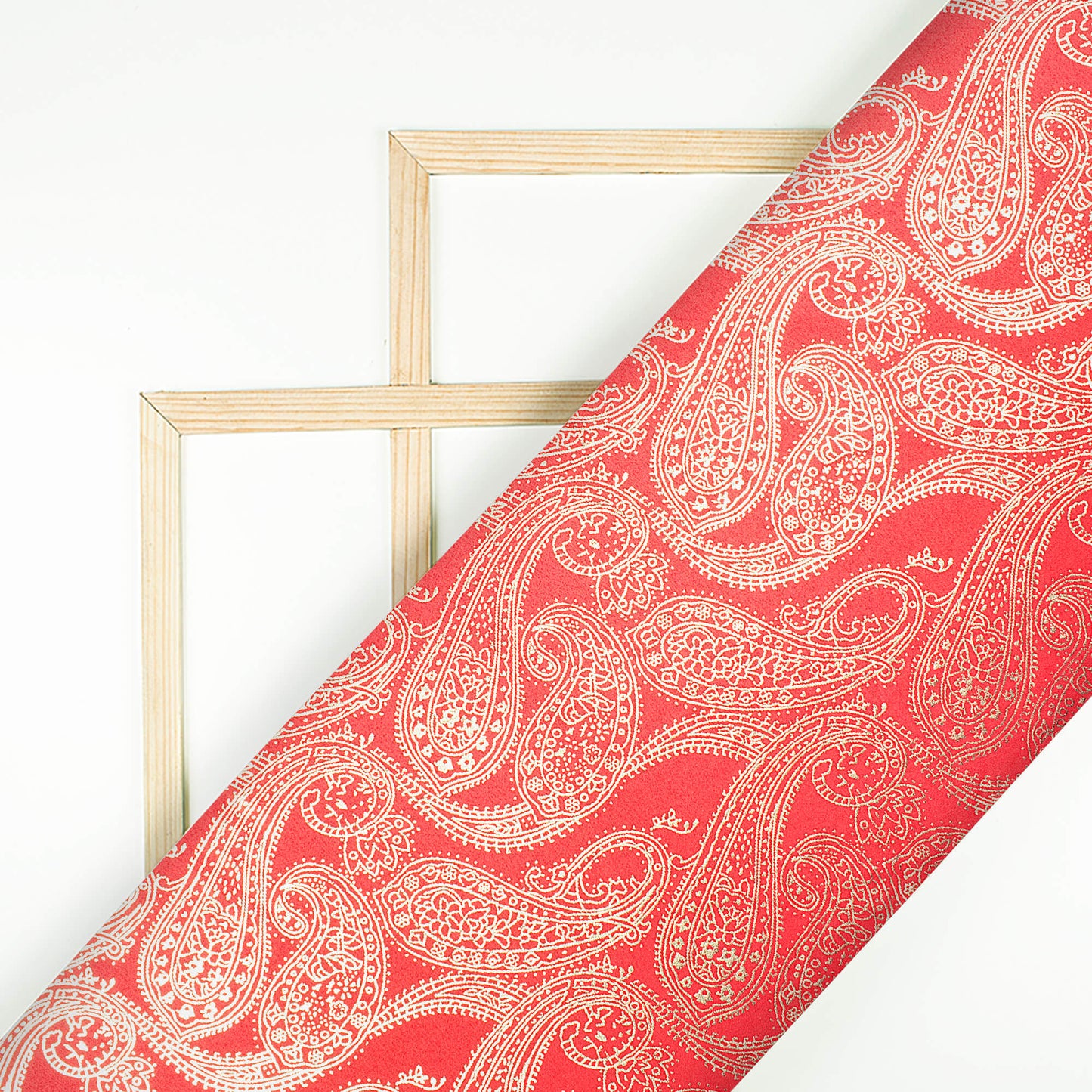 Chilli Red Paisley Pattern Golden Foil Print Butter Silk Satin Fabric (Width 56 Inches)
