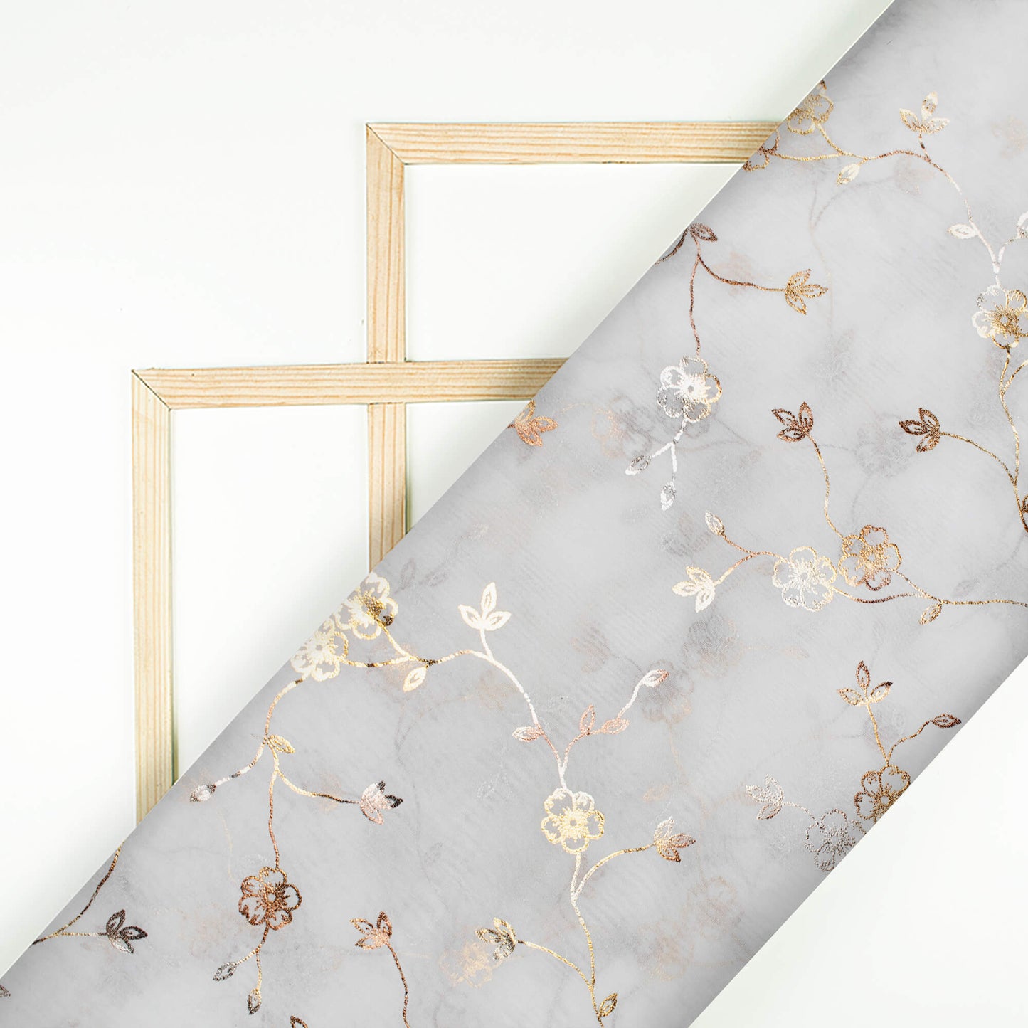 White Floral Pattern Golden Foil Print Organza Fabric