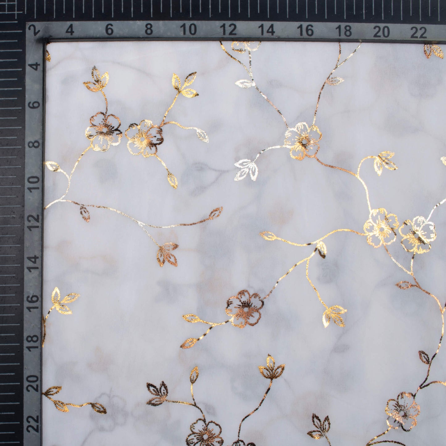 White Floral Pattern Golden Foil Print Georgette Fabric