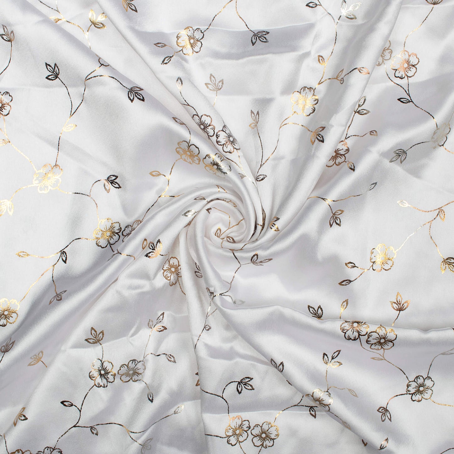 White Floral Pattern Golden Foil Print Japan Satin Fabric