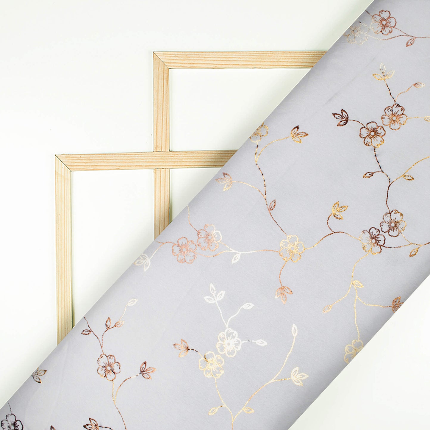 White Floral Pattern Golden Foil Print Japan Satin Fabric