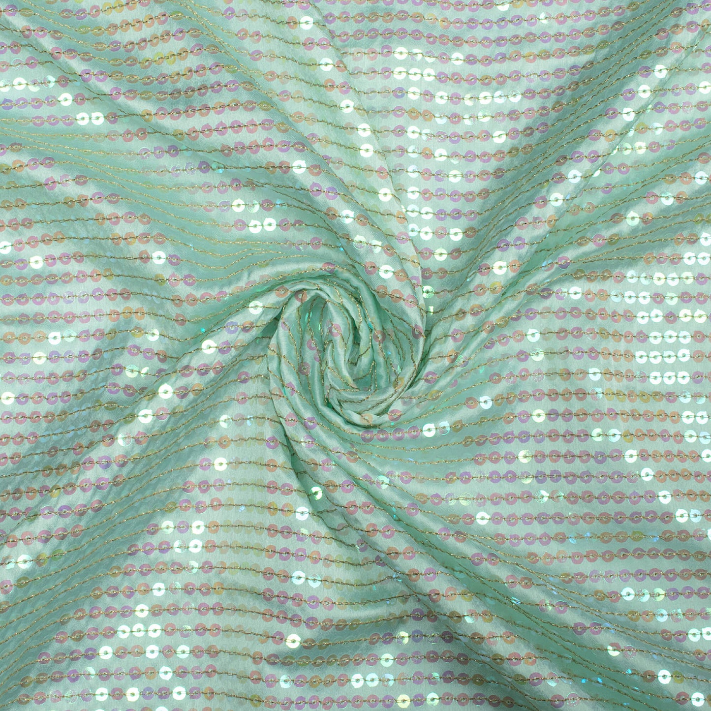 Mint Green All Over Premium Rainbow Sequins Japan Satin Fabric