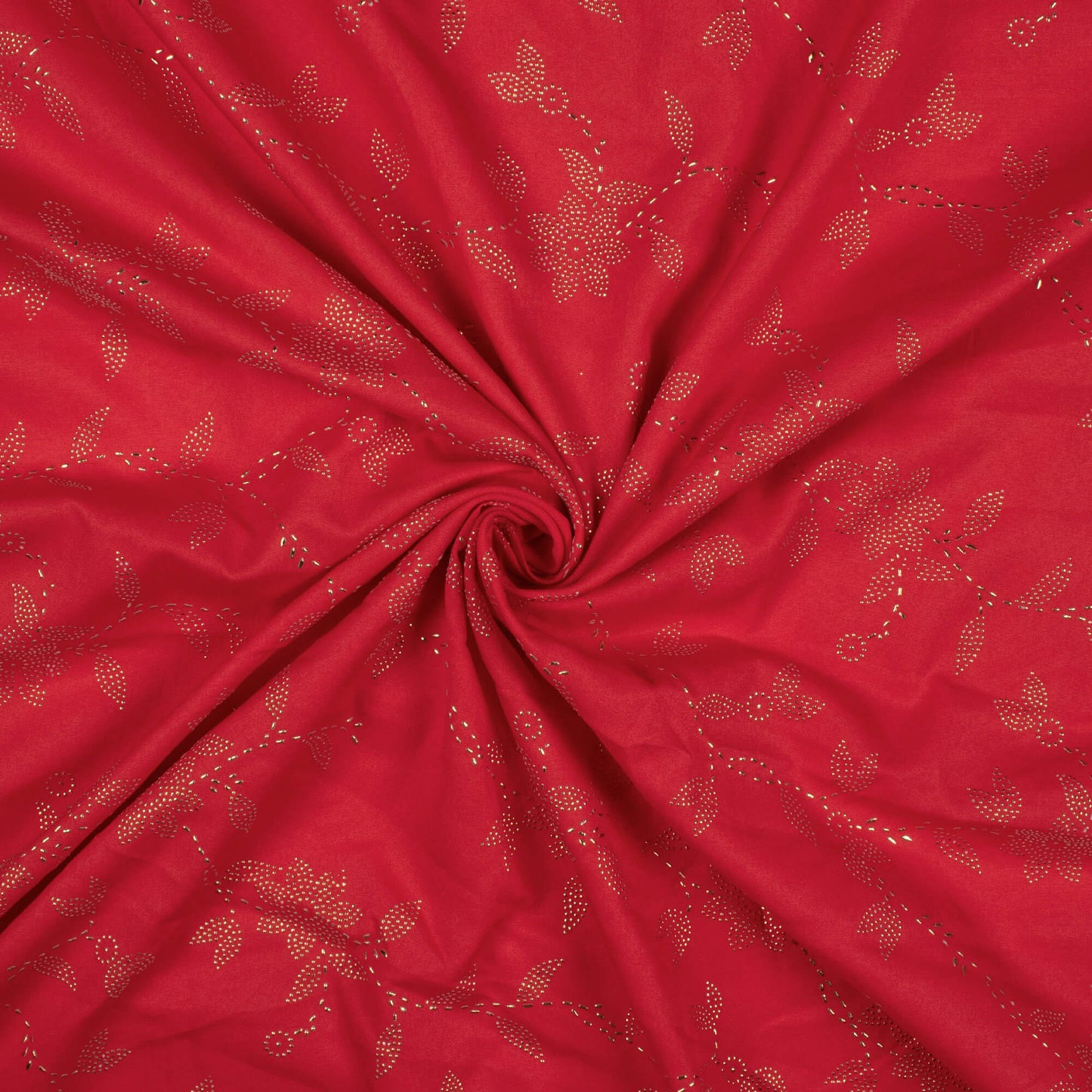 Chilli Red Floral Golden Dew Drops Butter Crepe Fabric