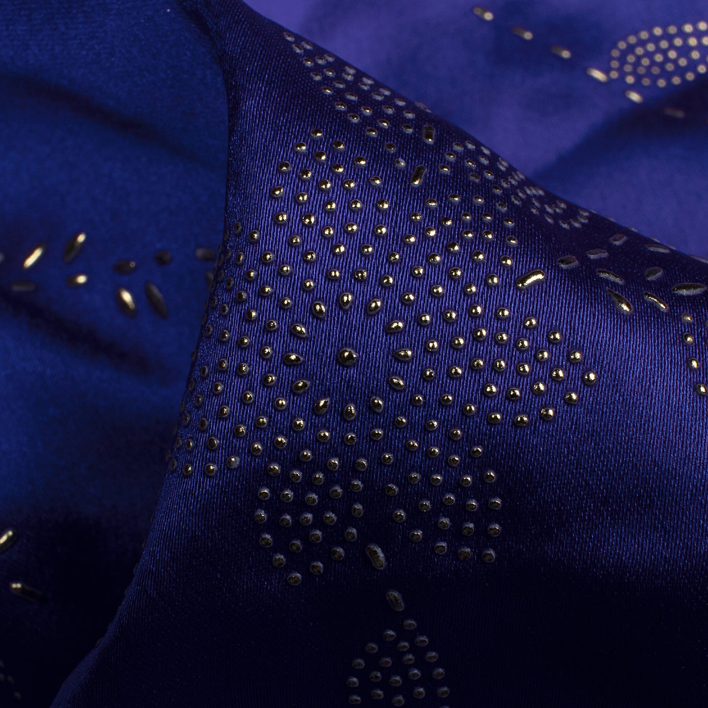 Royal Blue Floral Golden Dew Drops Japan Satin Fabric