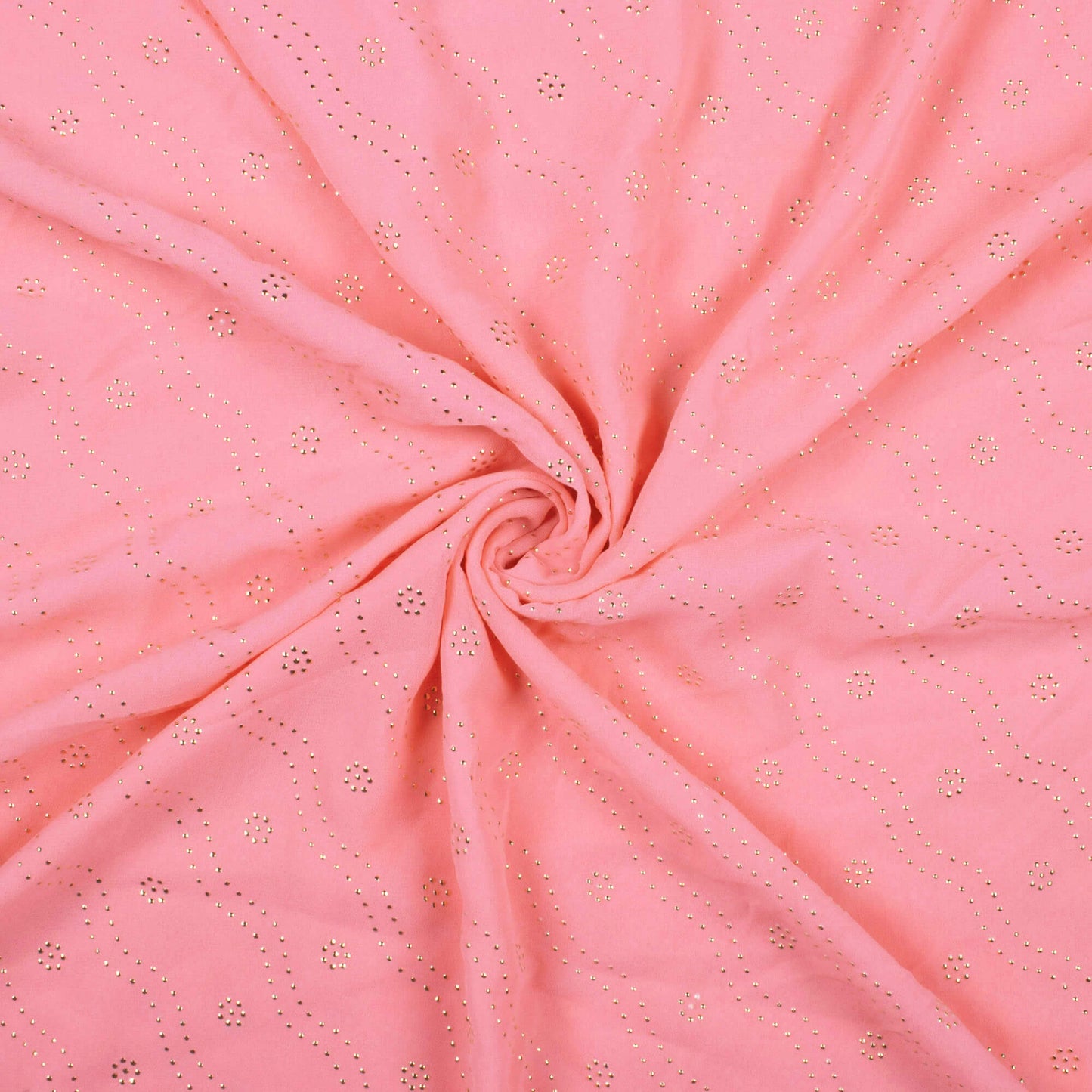 Salmon Pink Leheriya Golden Dew Drops Georgette Fabric