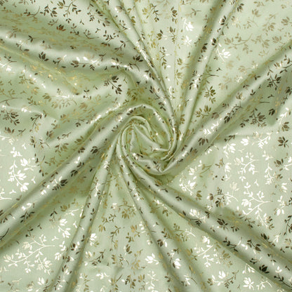 Tea Green Floral Pattern Golden Foil Print Japan Satin Fabric