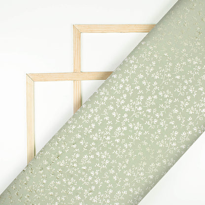 Tea Green Floral Pattern Golden Foil Print Japan Satin Fabric