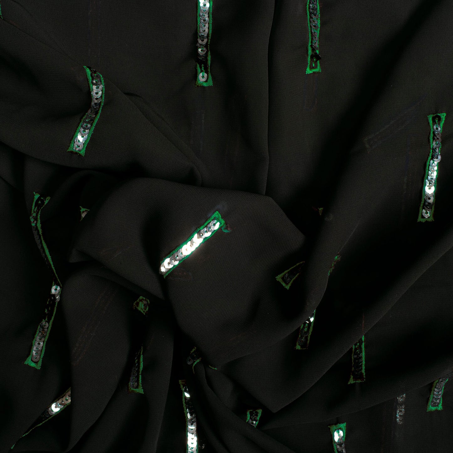 Black And Green Stripes Pattern Sequins Embroidery Georgette Fabric