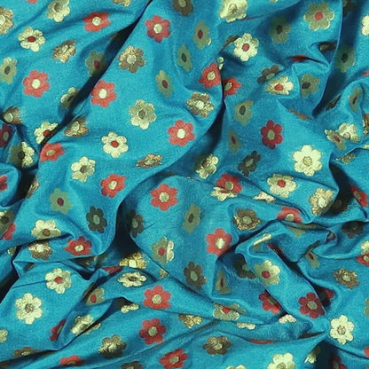 Sky Blue And Orange Floral Pattern Zari Jacquard Banarasi Taffeta Silk Fabric