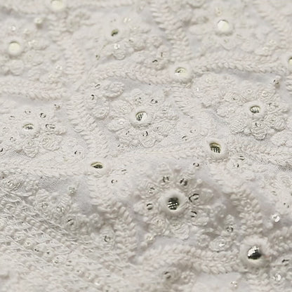 White Trellis Pattern Premium Sequins Embroidery With Foil Mirror Work Dyeable Georgette Fabric (Width 52 Inches)