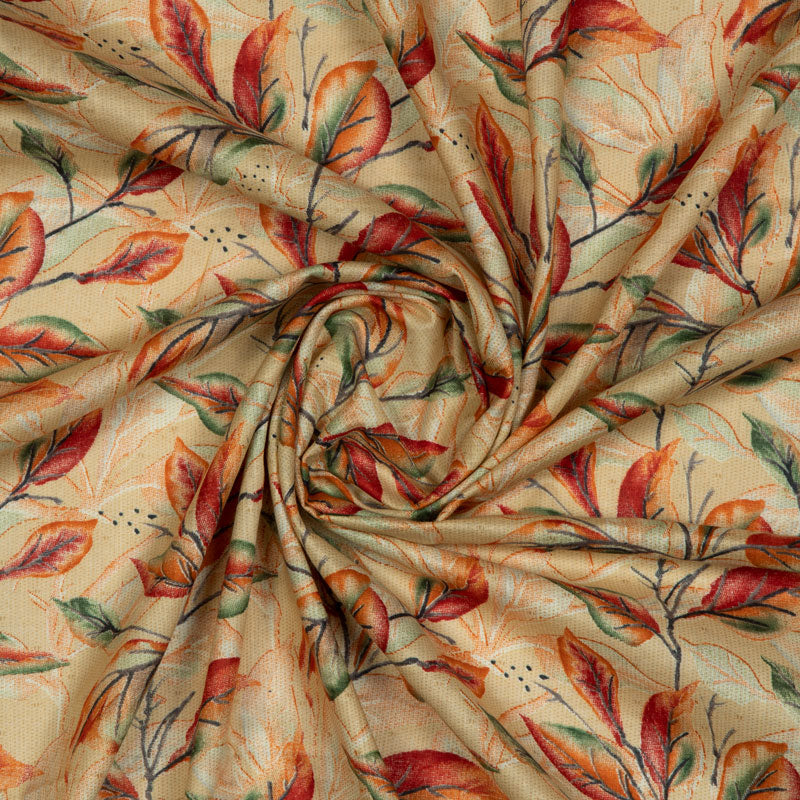 Beige And Red Leaf Printed Cotton Fabric