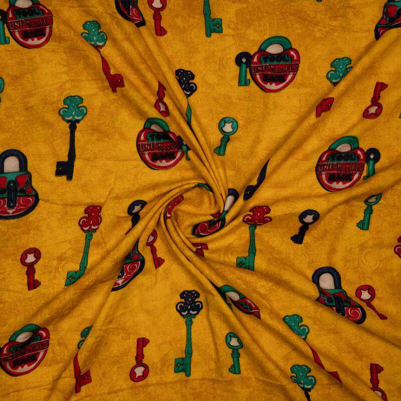 Mustard Object Pattern Screen Print Viscose Rayon Fabric - Fabcurate