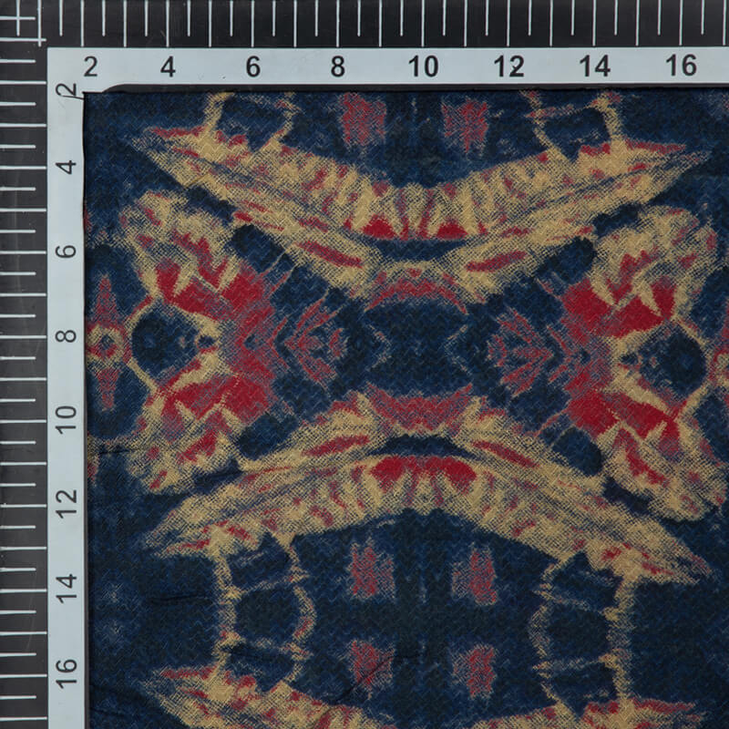 Rhino Blue And Merlot Red Geometric Pattern Screen Print Viscose Modal Rayon Fabric - Fabcurate