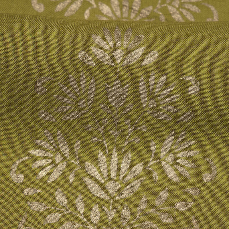 Green And Golden Mughal Pattern Foil Screen Print Viscose Rayon Fabric - Fabcurate