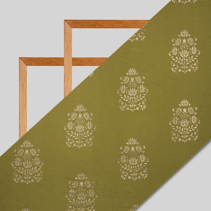 Green And Golden Mughal Pattern Foil Screen Print Viscose Rayon Fabric - Fabcurate