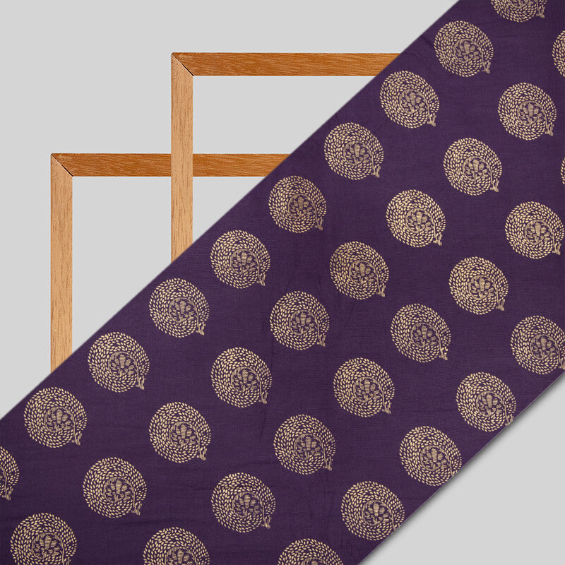 Purple And Golden Butta Pattern Foil Screen Print Viscose Rayon Fabric - Fabcurate