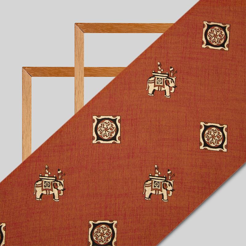 Burnt Orange Animal Pattern Foil Screen Print Dual Tone Viscose Rayon Slub Fabric - Fabcurate