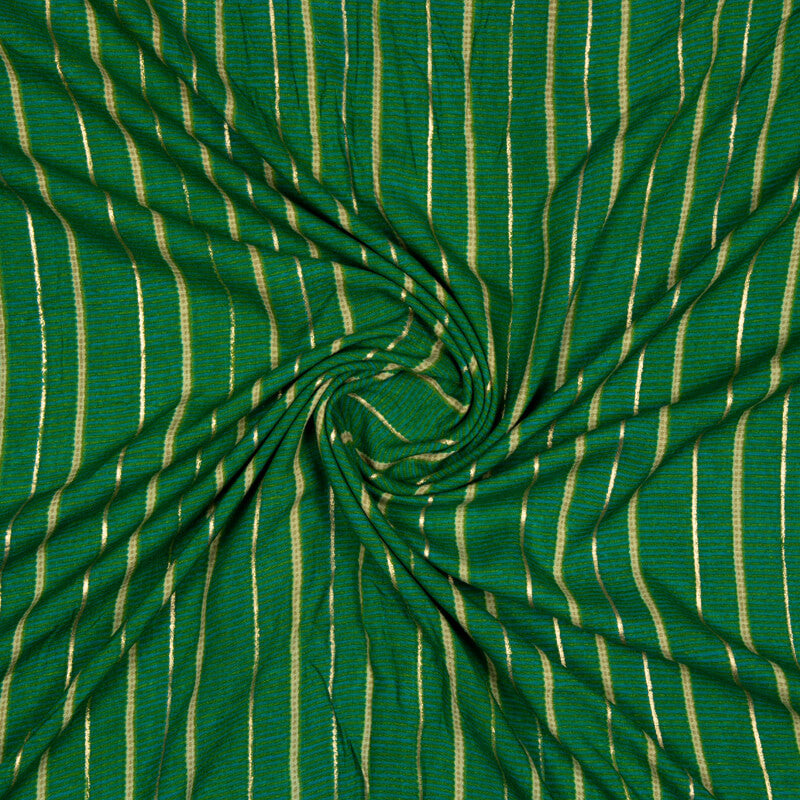 Green Stripes Pattern Foil Screen Print Viscose Rayon Fabric - Fabcurate