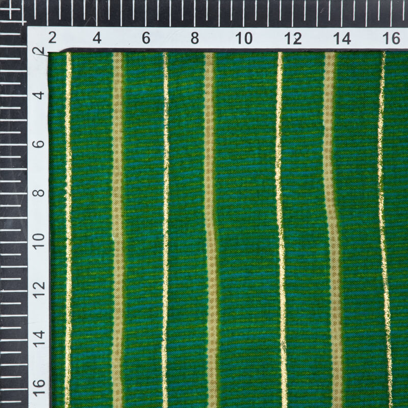 Green Stripes Pattern Foil Screen Print Viscose Rayon Fabric - Fabcurate
