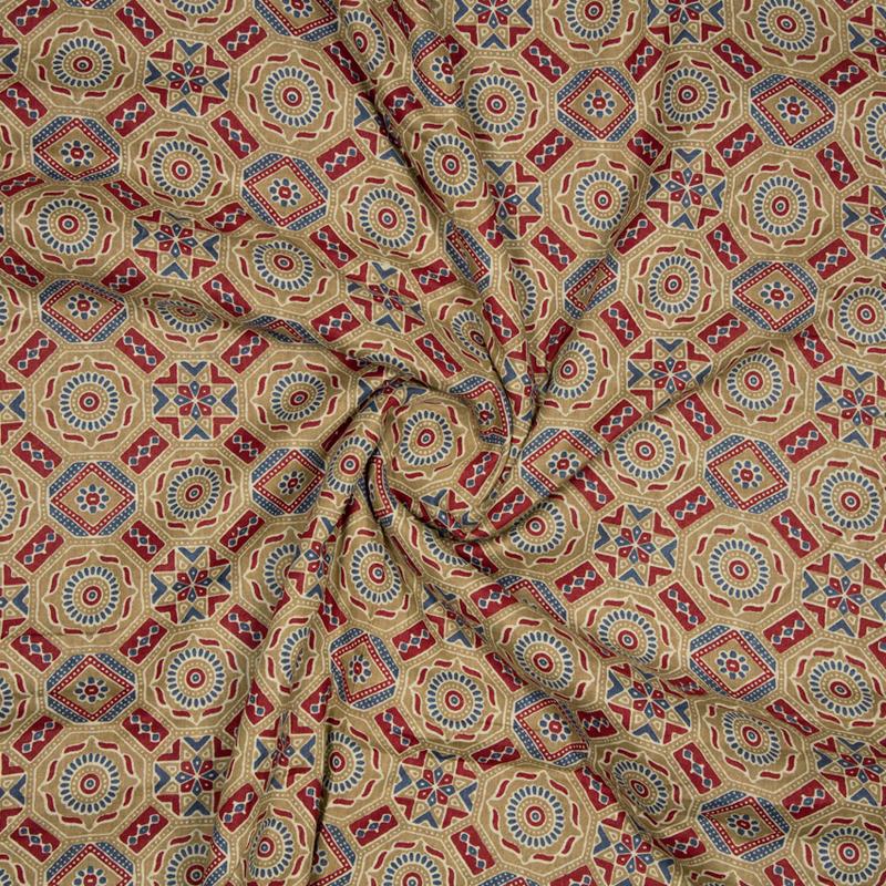 Light Brown And Maroon Traditional Pattern Screen Print Cotton Fabric - Fabcurate