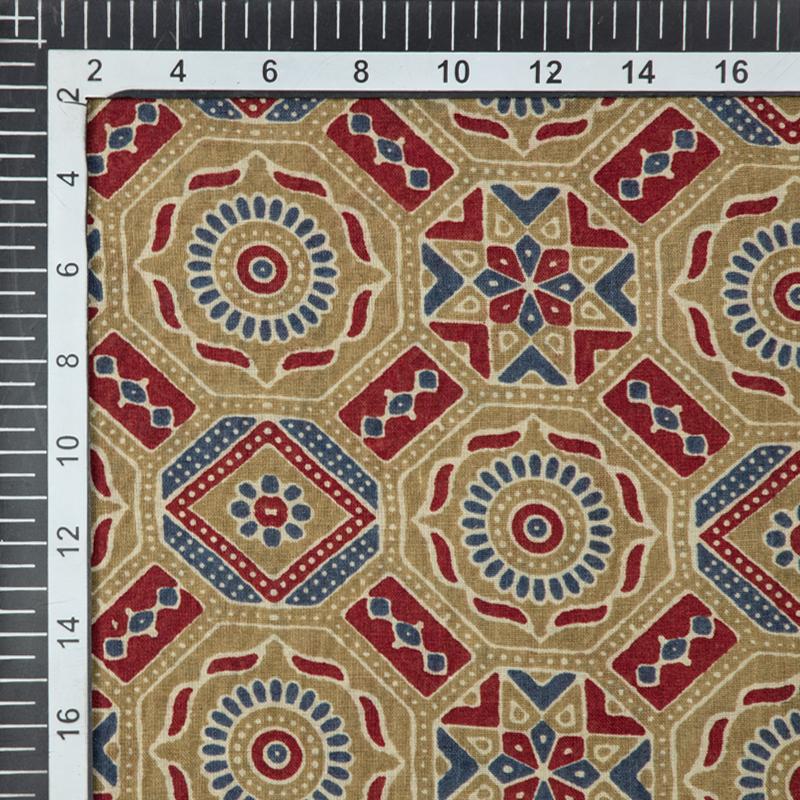 Light Brown And Maroon Traditional Pattern Screen Print Cotton Fabric - Fabcurate