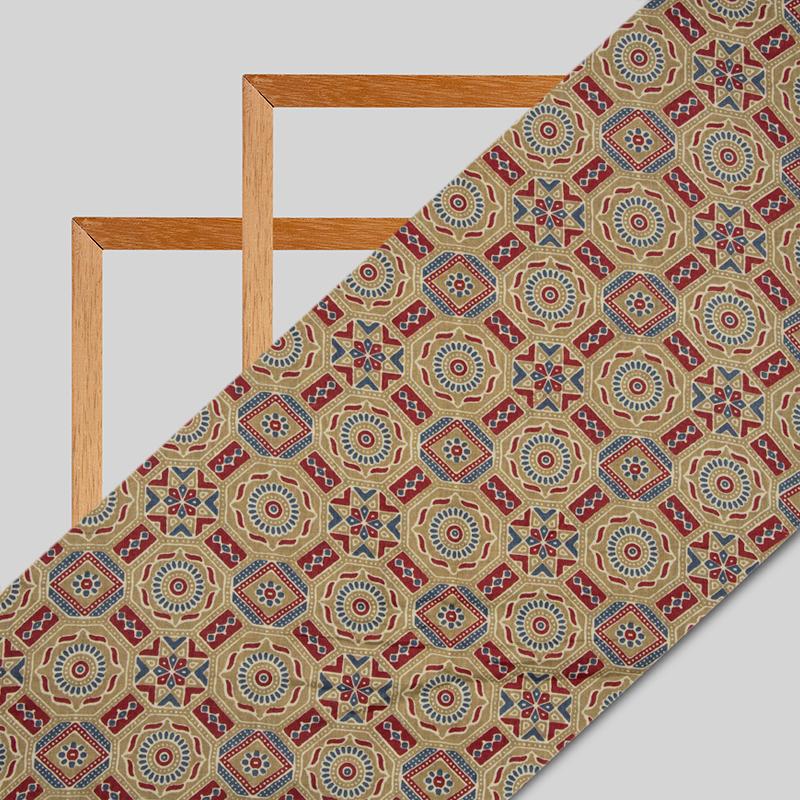 Light Brown And Maroon Traditional Pattern Screen Print Cotton Fabric - Fabcurate