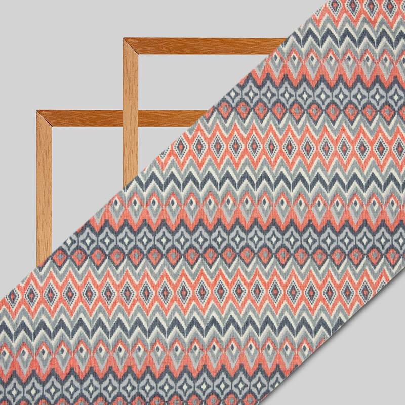 Light Grey And Orange Geometric Pattern Screen Print Dual Tone Viscose Rayon Fabric - Fabcurate