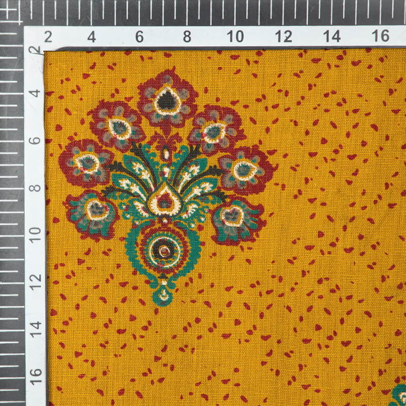 Mustard Butta Pattern Foil Screen Print Cotton By Linen Fabric - Fabcurate