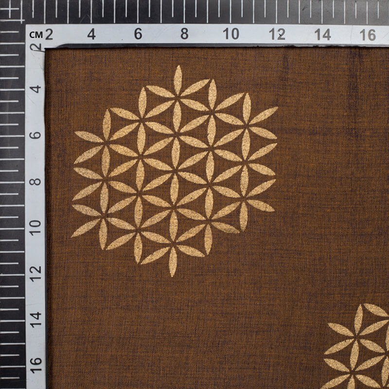 Tortilla Brown And Golden Geometric Pattern Foil Screen Print Dual Tone Muslin Fabric - Fabcurate