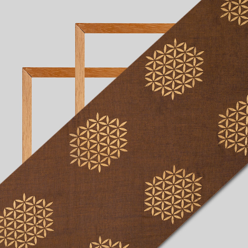 Tortilla Brown And Golden Geometric Pattern Foil Screen Print Dual Tone Muslin Fabric - Fabcurate