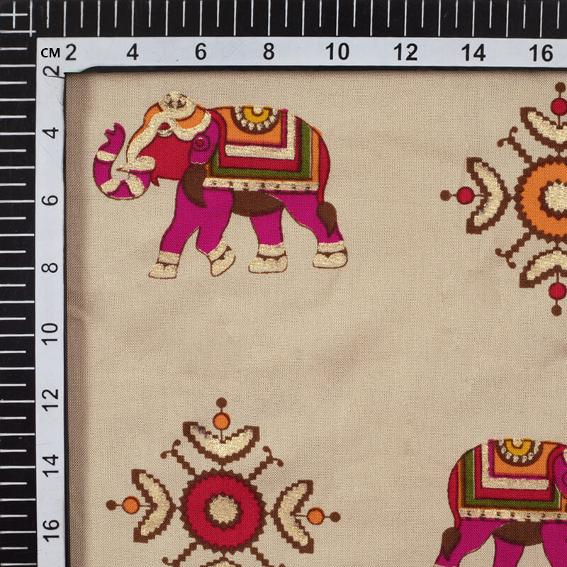 Beige Animal Pattern Foil Screen Print Viscose Rayon Fabric - Fabcurate