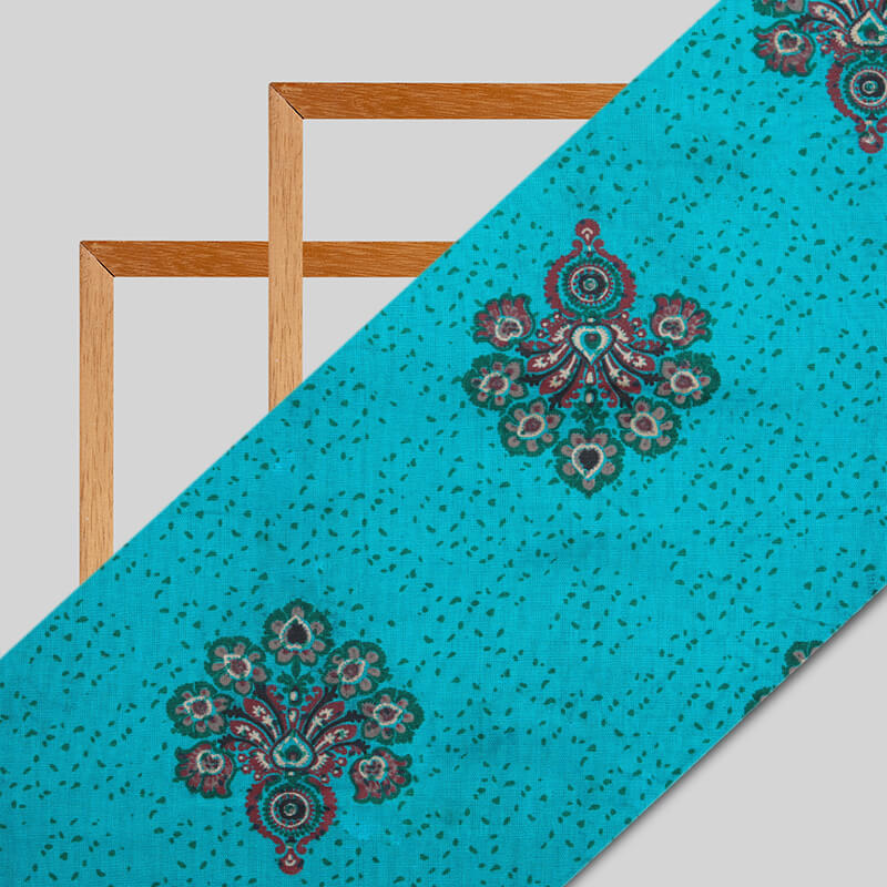 Teal Butta Pattern Foil Screen Print Cotton By Linen Fabric - Fabcurate