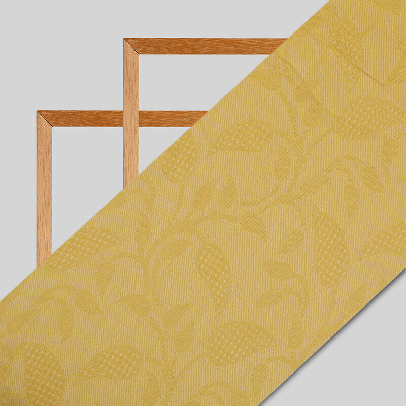 Mustard Yellow Leaf Pattern Rayon Jacquard Fabric - Fabcurate