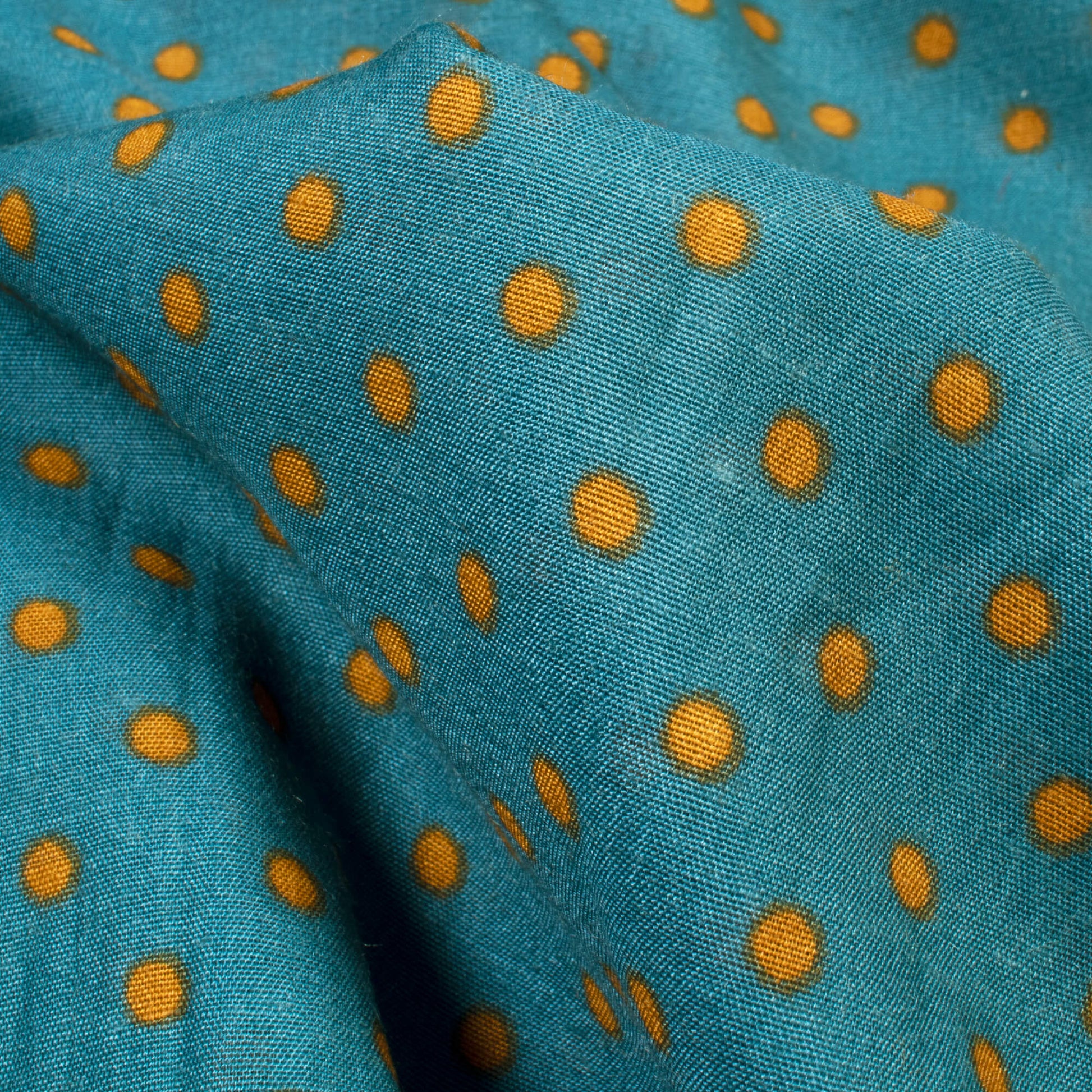 Peacock Blue And Mustard Yellow Polka Dot Pattern Screen Print Muslin Fabric - Fabcurate
