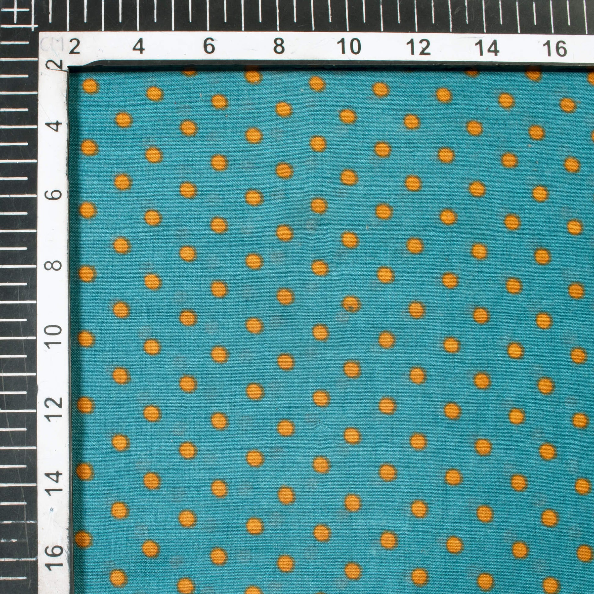 Peacock Blue And Mustard Yellow Polka Dot Pattern Screen Print Muslin Fabric - Fabcurate