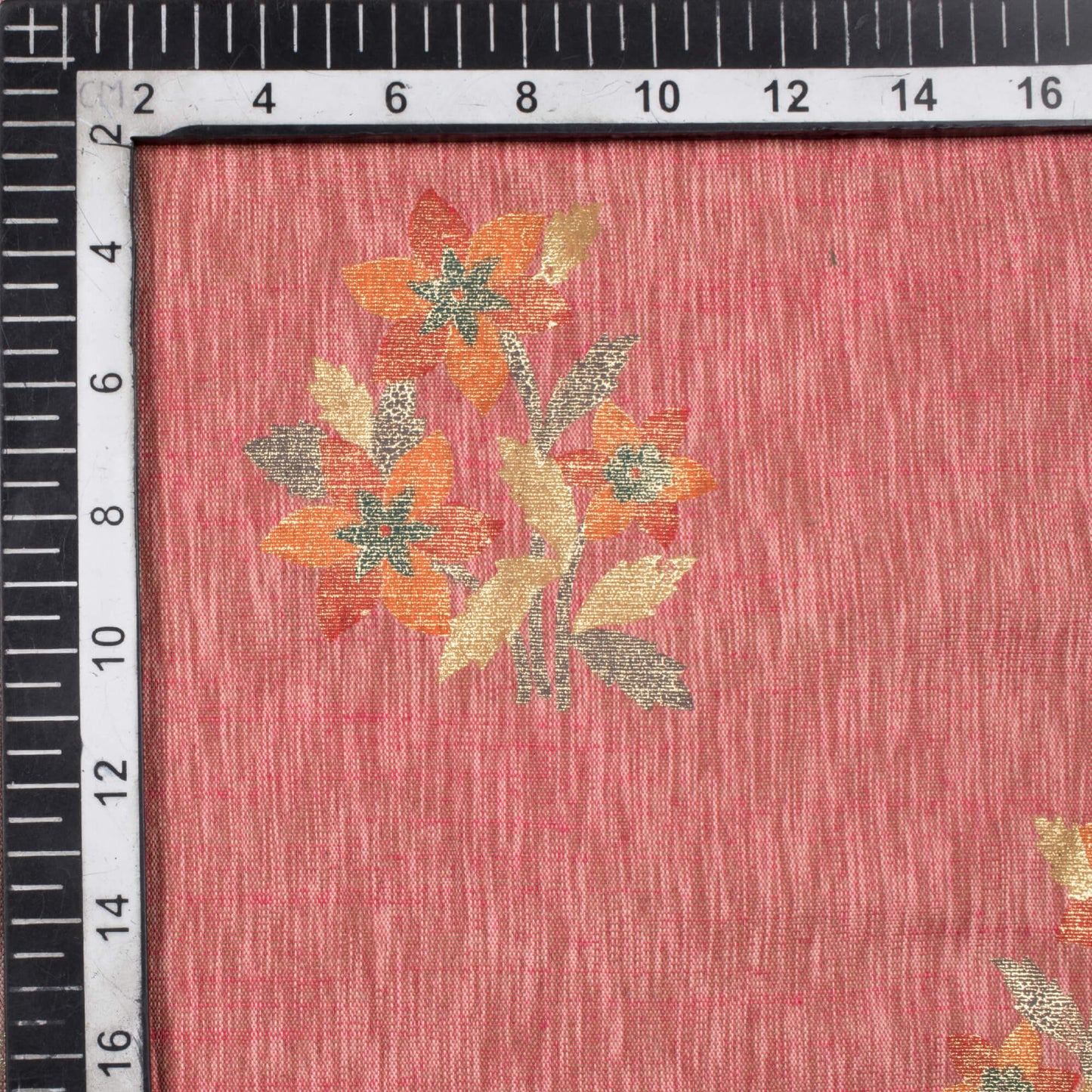 Thulian Pink And Red Floral Pattern Rubber Foil Print Rayon Textured Fabric - Fabcurate