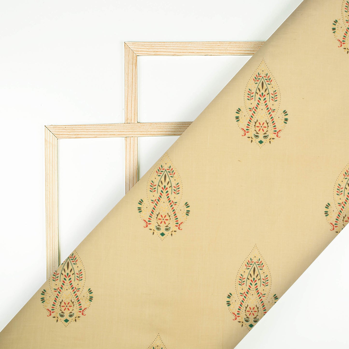 Beige And Green Ethnic Pattern Foil Print Rayon Slub Fabric - Fabcurate