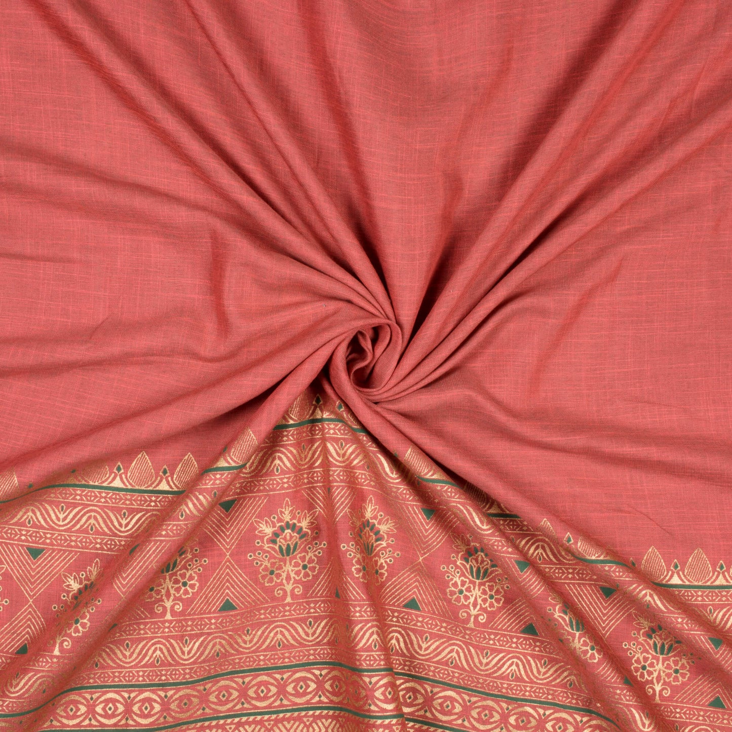 Flamingo Pink Ethnic Pattern Foil Print Rayon Slub Fabric - Fabcurate