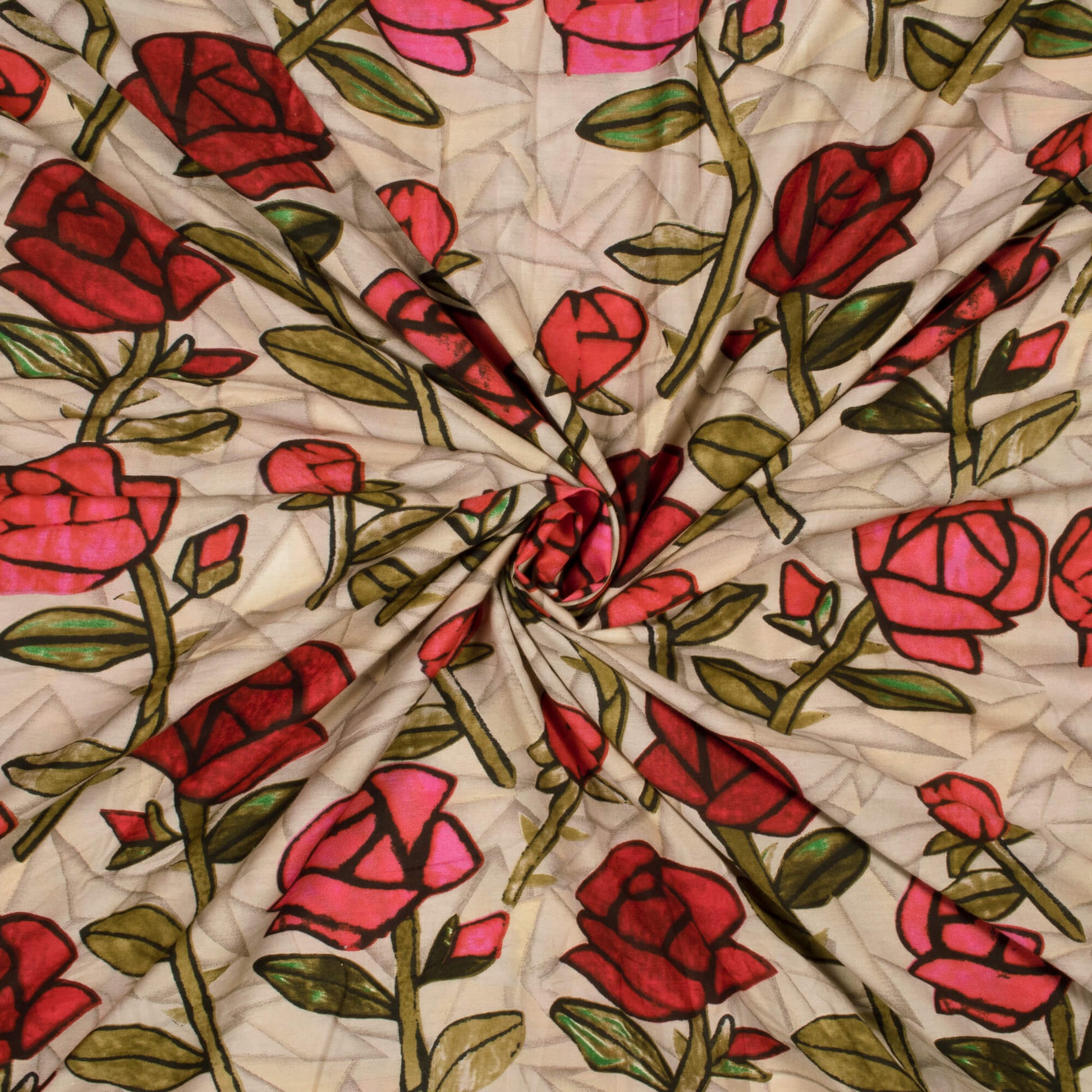 Beige And Red Floral Pattern Screen Print Muslin Fabric - Fabcurate