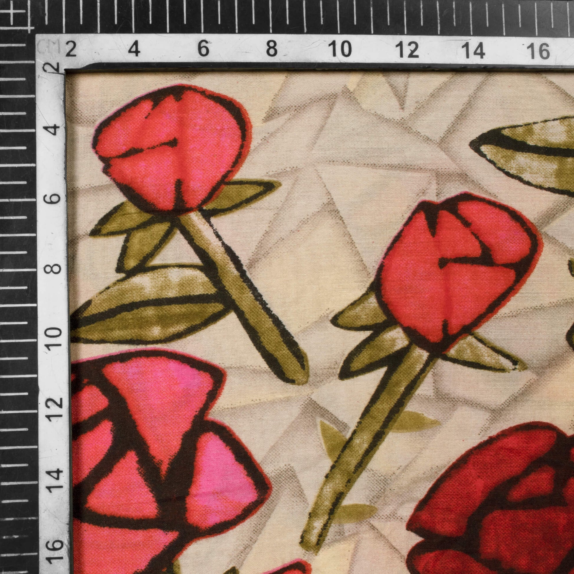 Beige And Red Floral Pattern Screen Print Muslin Fabric - Fabcurate